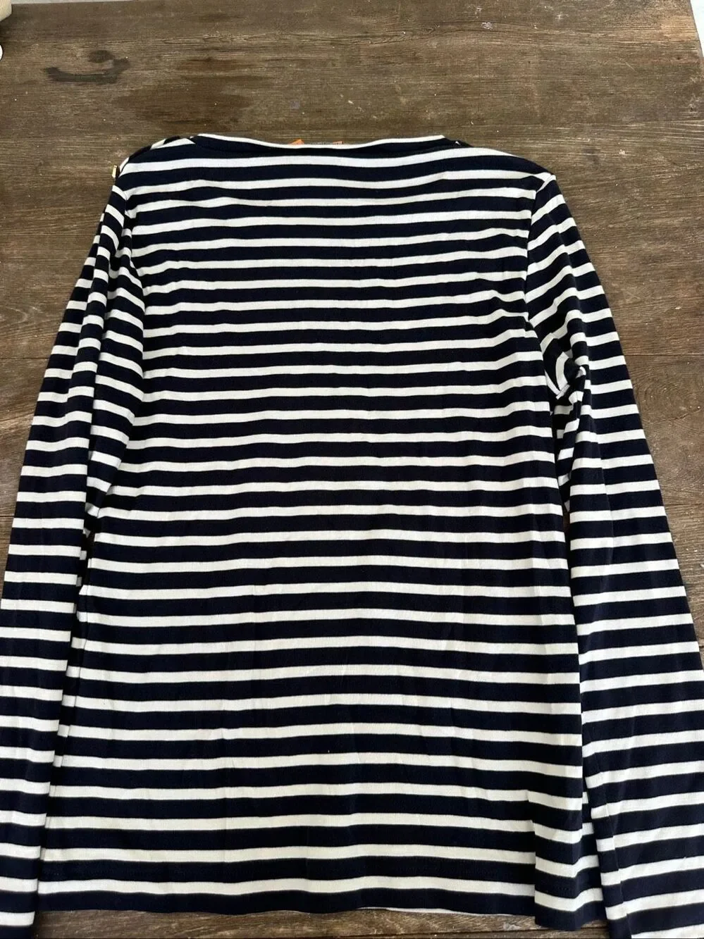 Tory Burch Striped Long Sleeve Tee Navy White Crest Shoulder Button Top L